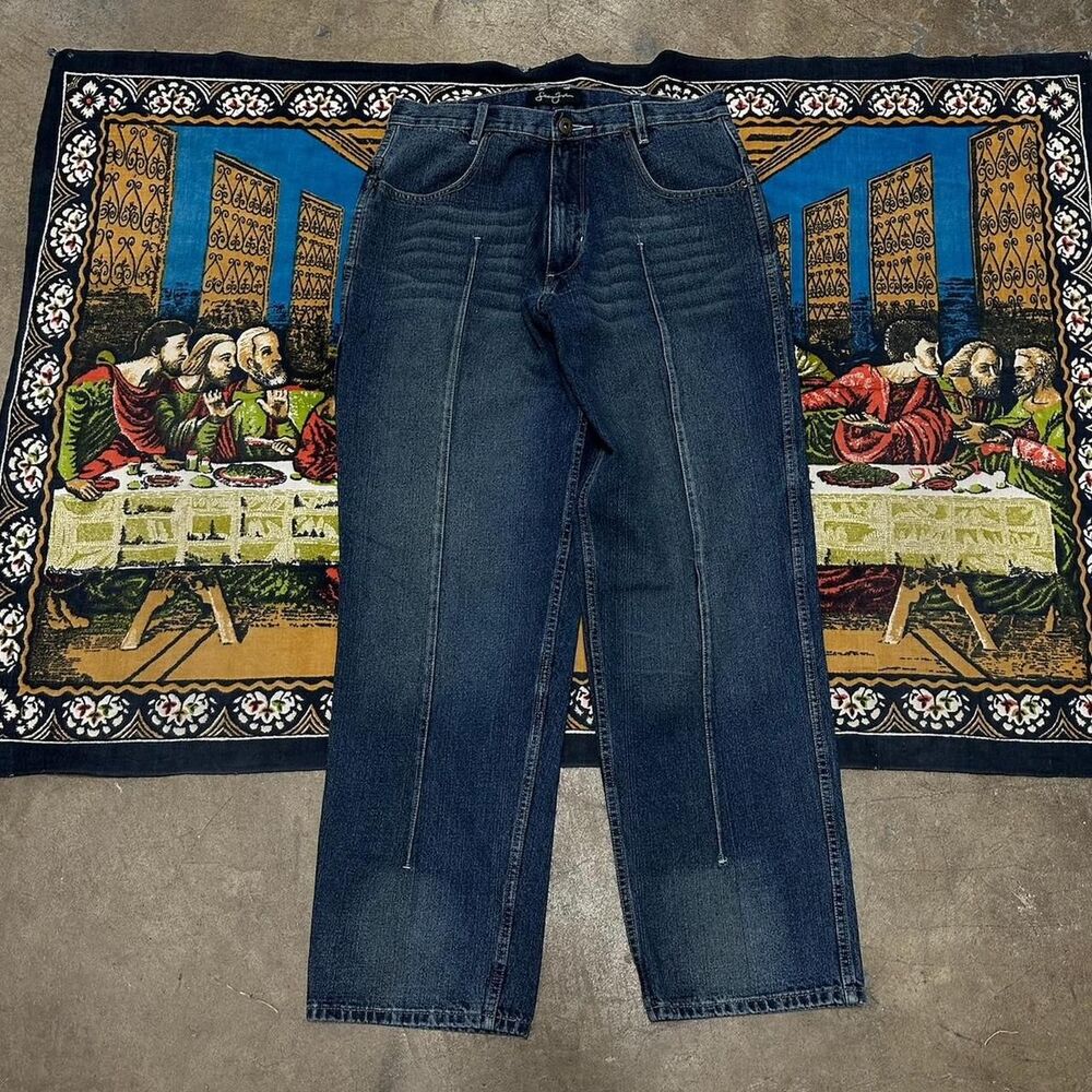 Sean John mud wash jeans Baggy wide leg fit size 34 dark blue sandy cream y2k